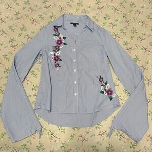INC Stripe Button Up Blouse Lace Up Drawstring Embroidery Beaded Floral Cotton M